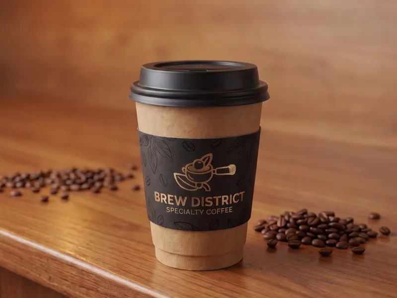 Brew District specialty coffee cup beside roasted beans