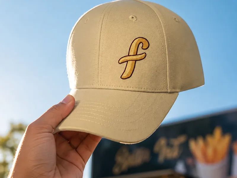 Hand holding a cream cap embroidered with the Friteur logo