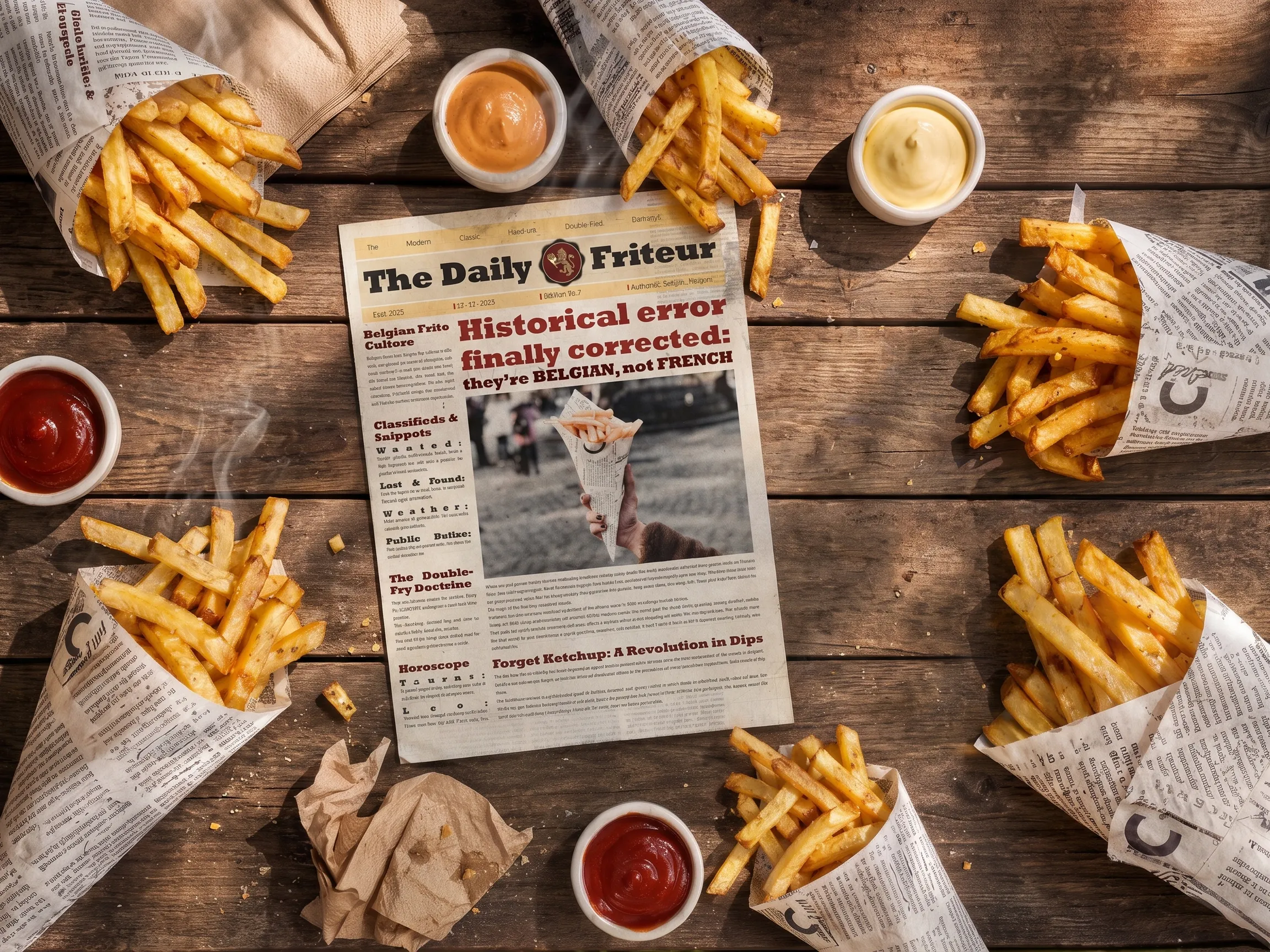 Overhead flat-lay of Friteur fry cones, sauces and “The Daily Friteur” newspaper