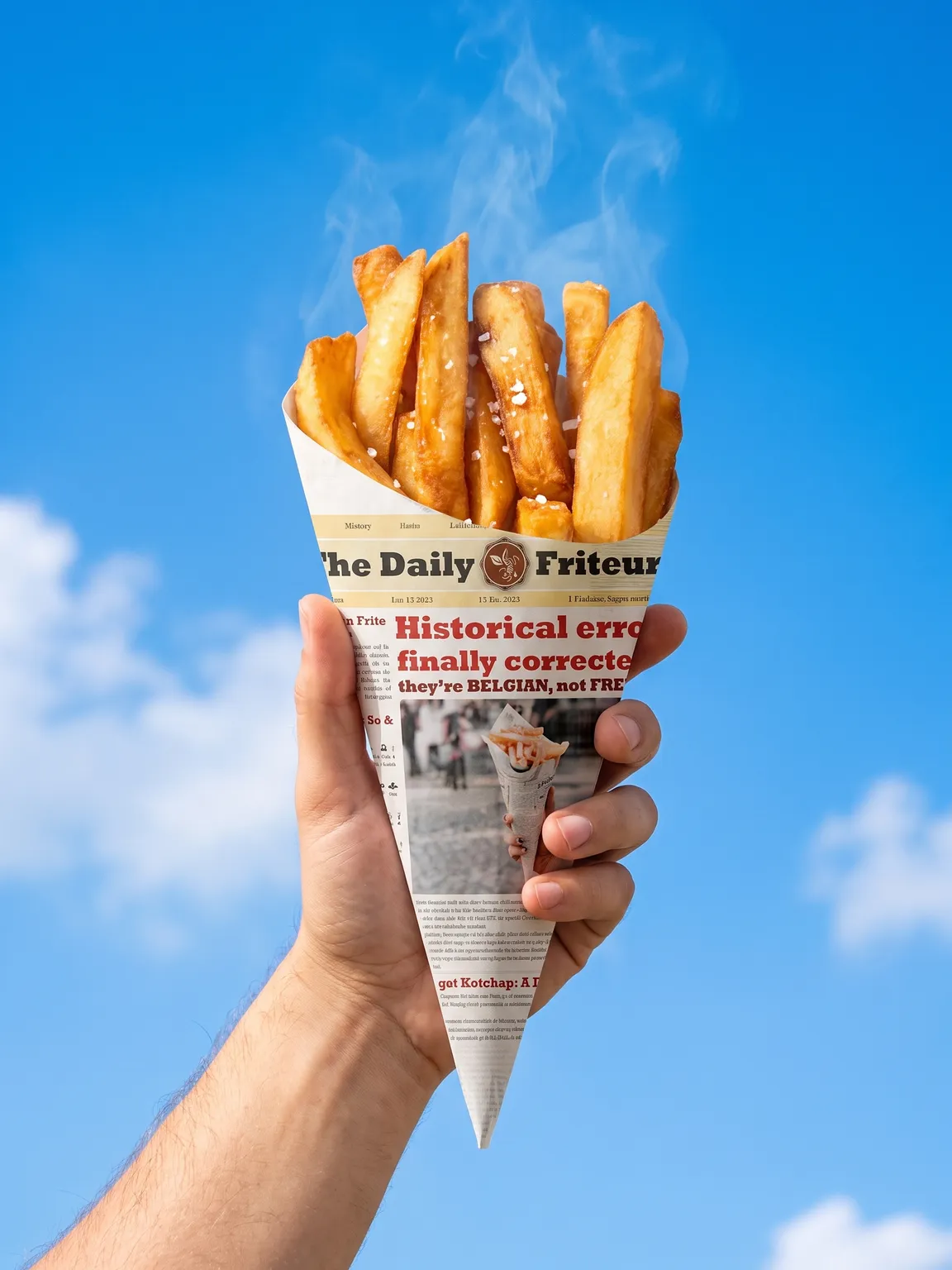 Hand holding a Friteur newspaper fry cone against a blue sky