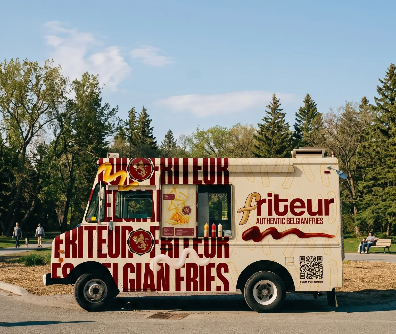 Friteur food truck parked in a sunlit park, its cream livery covered in oversized burgundy lettering