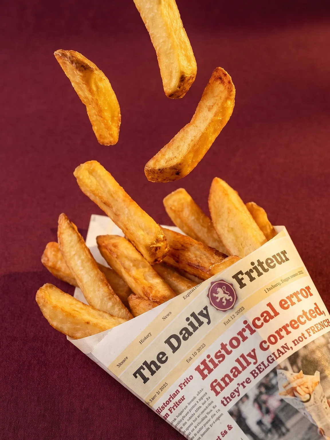 Thick-cut fries tumbling into a Daily Friteur newspaper cone against an oxblood backdrop