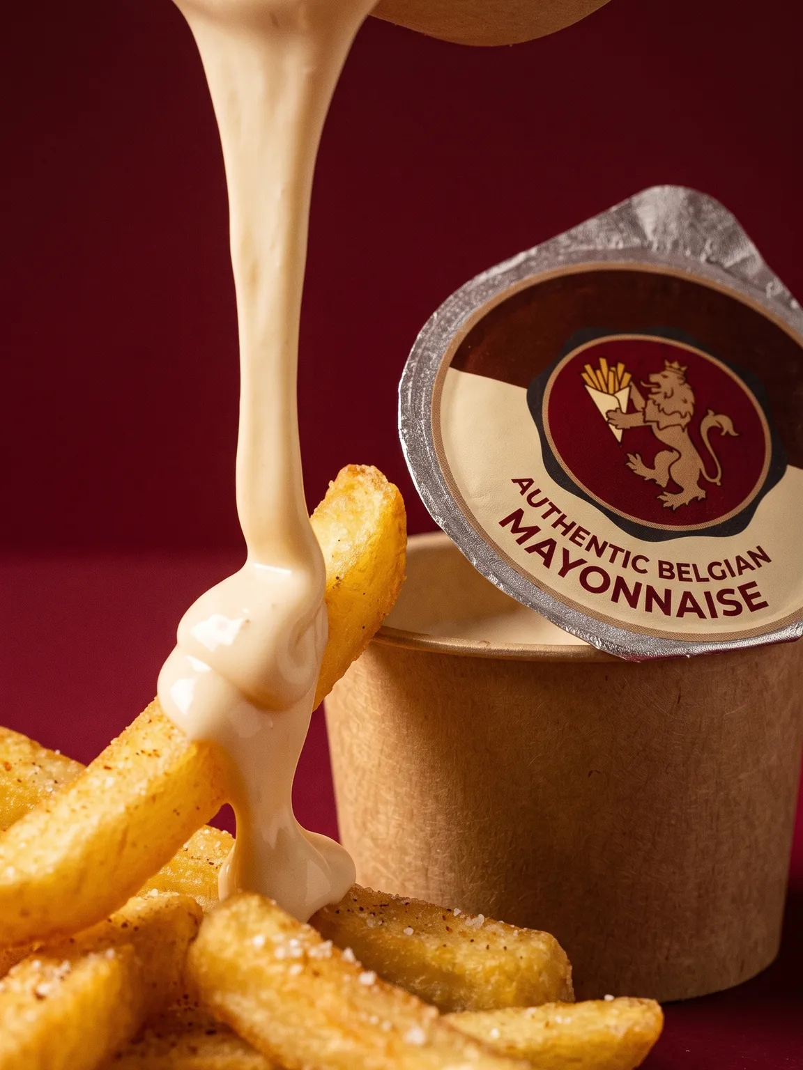 Belgian mayonnaise poured over salted fries beside a lion-crested sauce cup