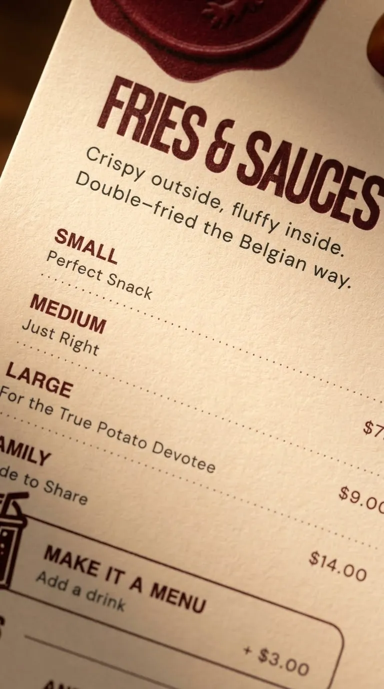 Printed Friteur menu card listing fries and sauces beneath the wax-seal crest