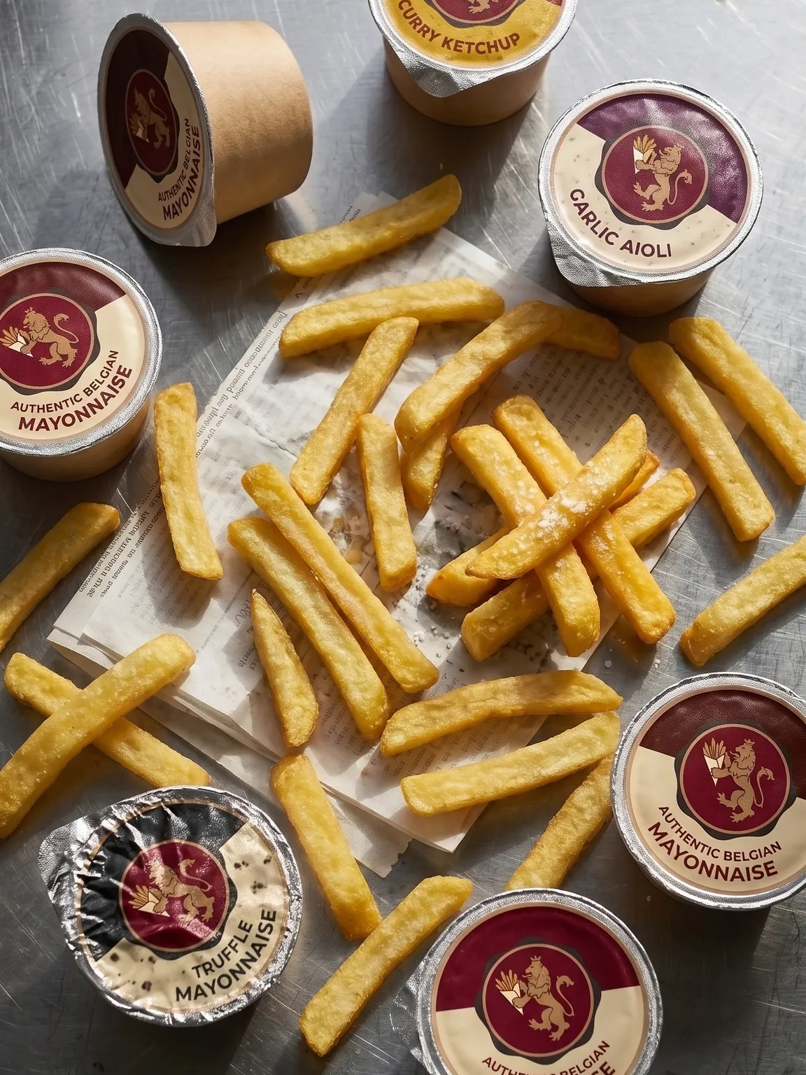 Loose fries and branded sauce cups — curry ketchup, garlic aioli, truffle mayonnaise — on a steel prep counter