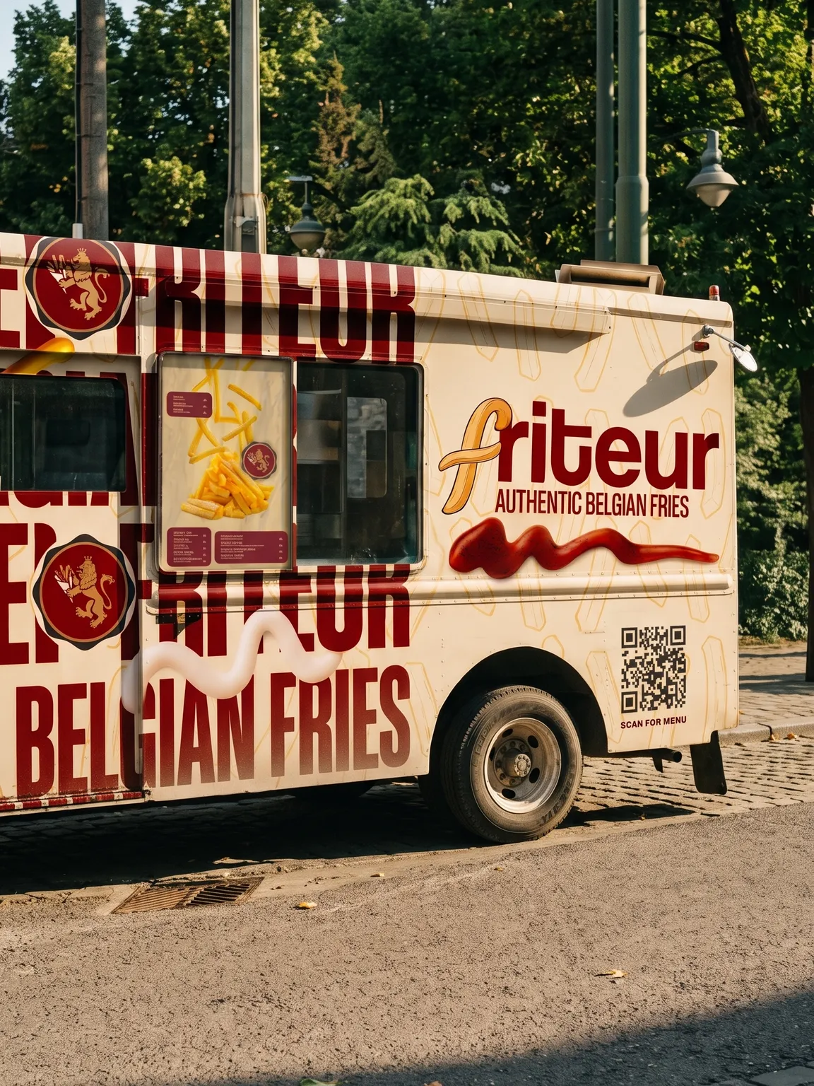 Side of the Friteur truck on cobblestones, with menu hatch, QR code and painted ketchup swirl