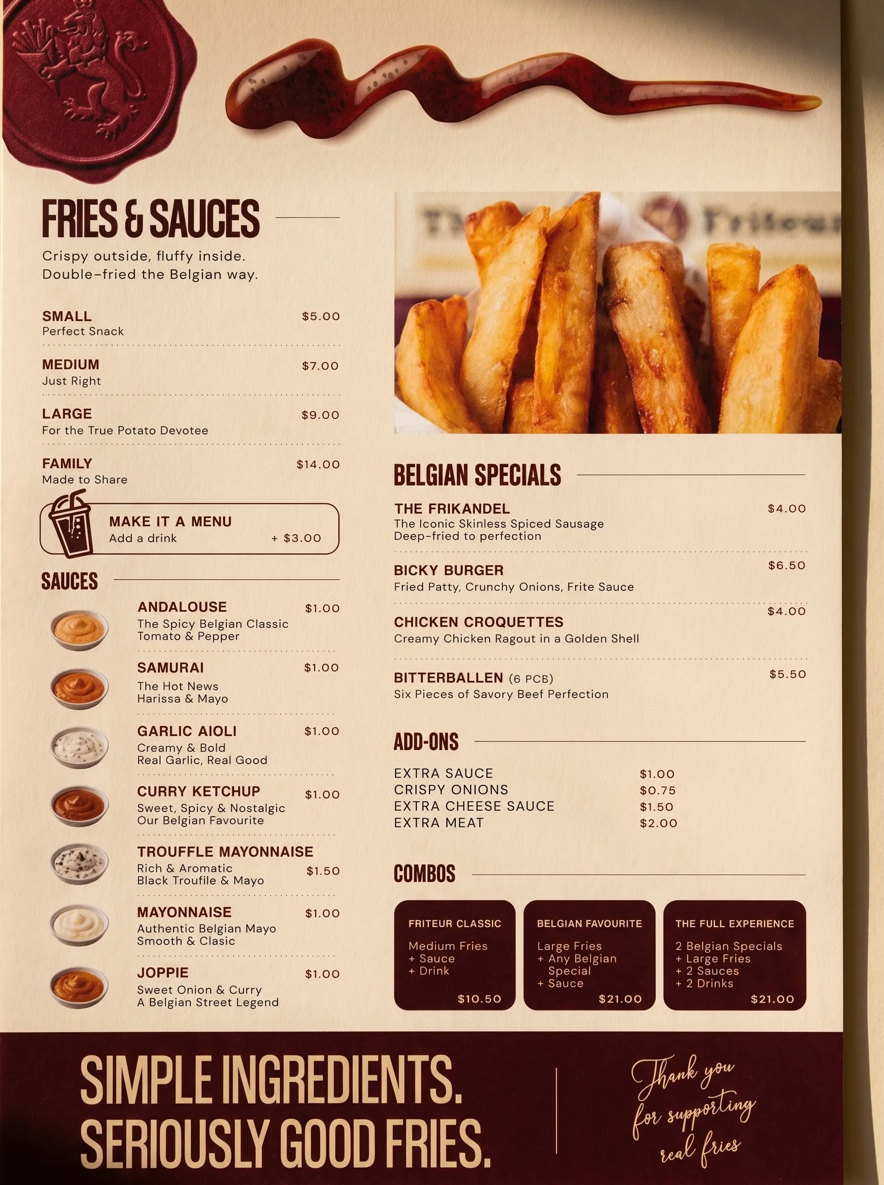 Full Friteur menu design — fries and sauces, the sauce library, Belgian specials and combos