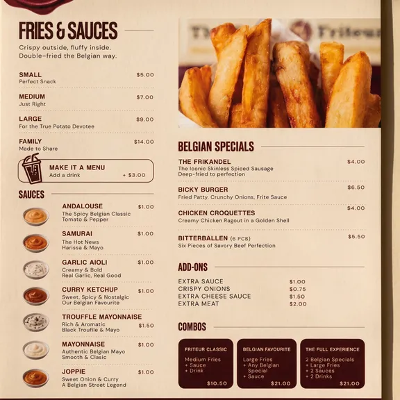 Full Friteur menu design — fries and sauces, the sauce library, Belgian specials and combos