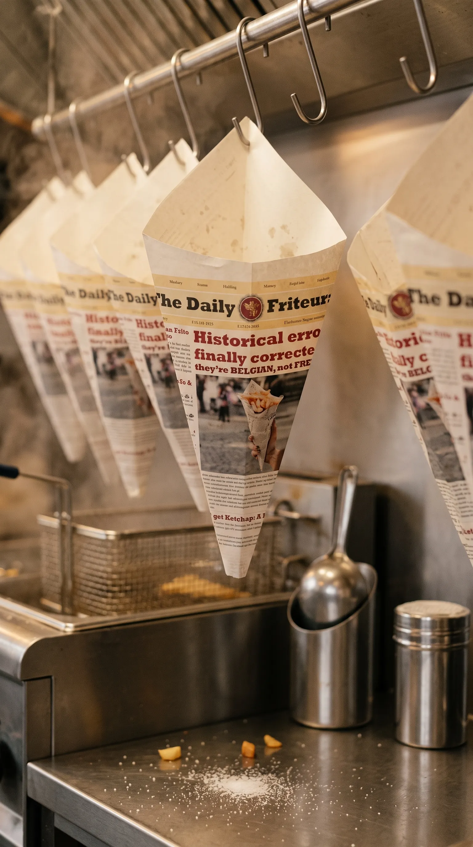 Daily Friteur newspaper cones hanging on hooks above the fryer station