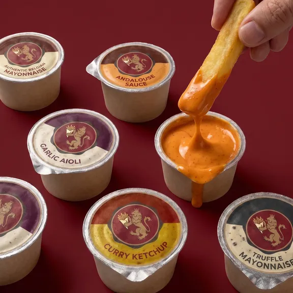 Fry dipped into an open cup of Andalouse sauce among sealed Friteur sauce cups