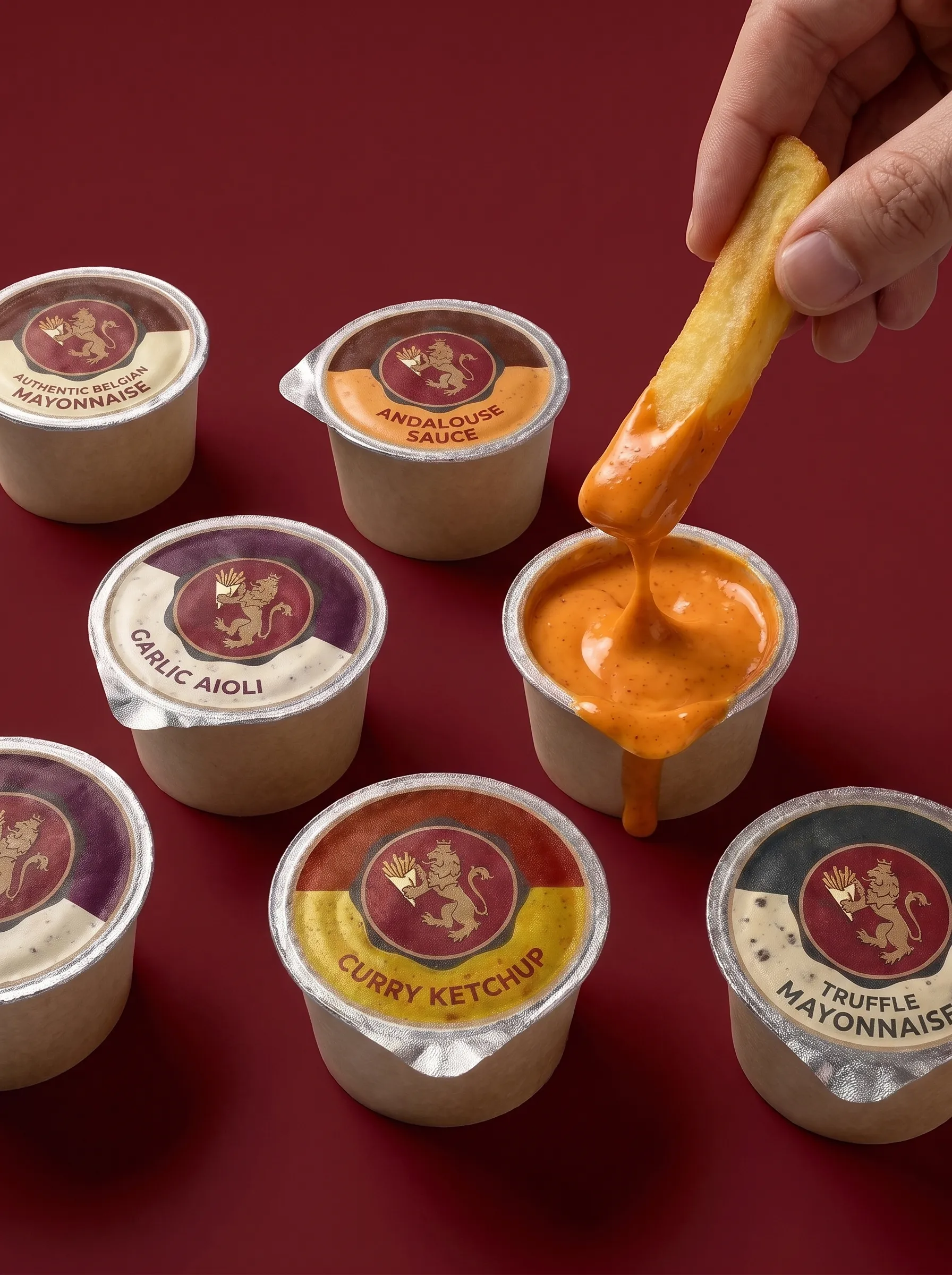 Fry dipped into an open cup of Andalouse sauce among sealed Friteur sauce cups