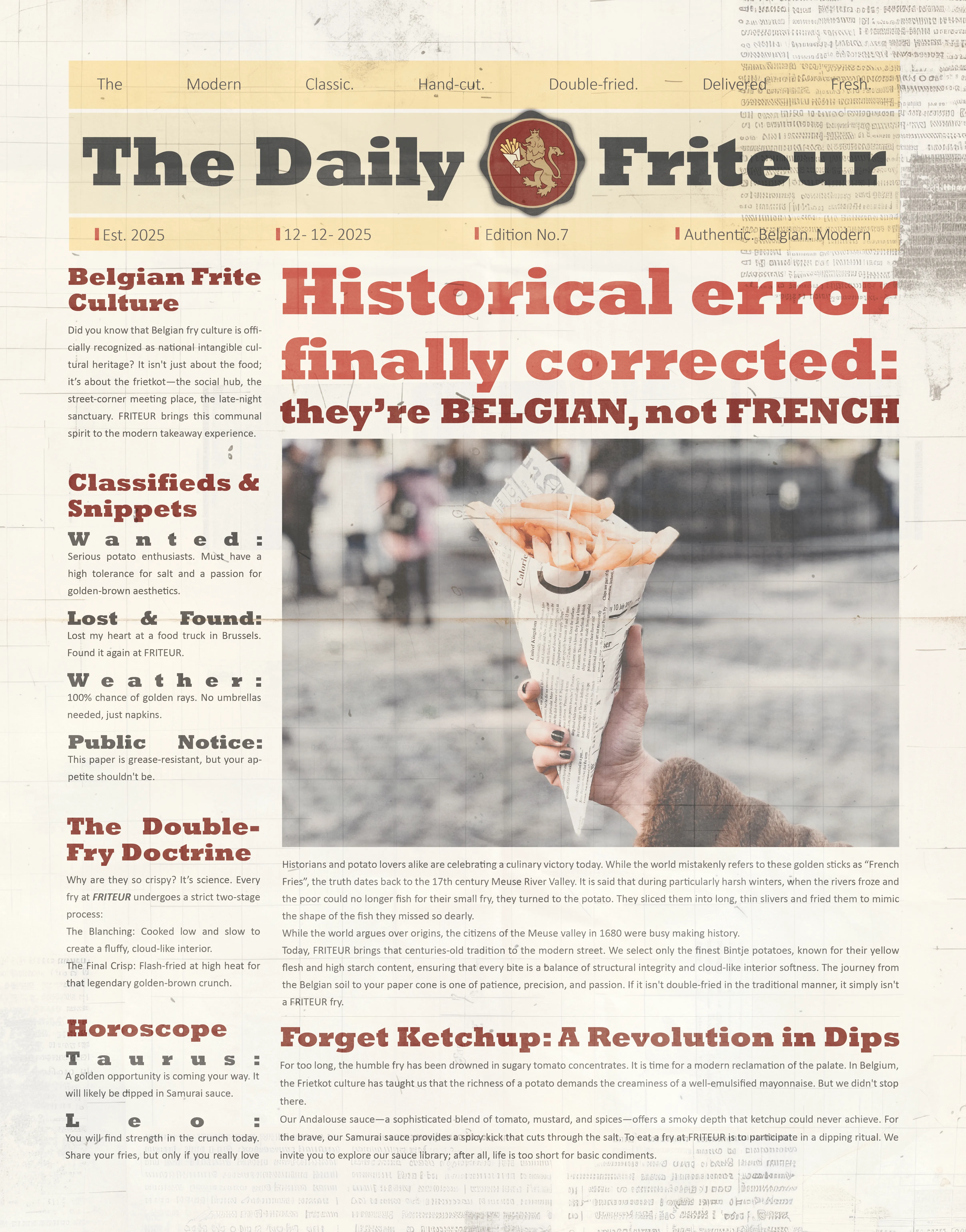 Front page of The Daily Friteur newspaper: "Historical error finally corrected — they're Belgian, not French"
