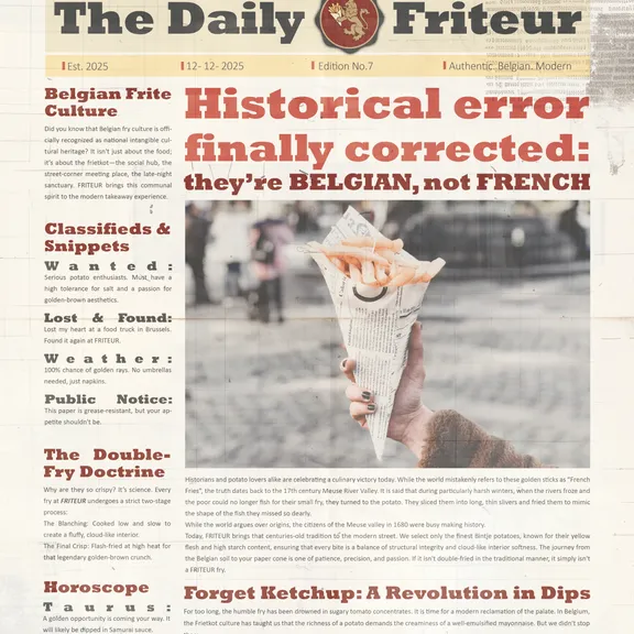 Front page of The Daily Friteur newspaper: "Historical error finally corrected — they're Belgian, not French"