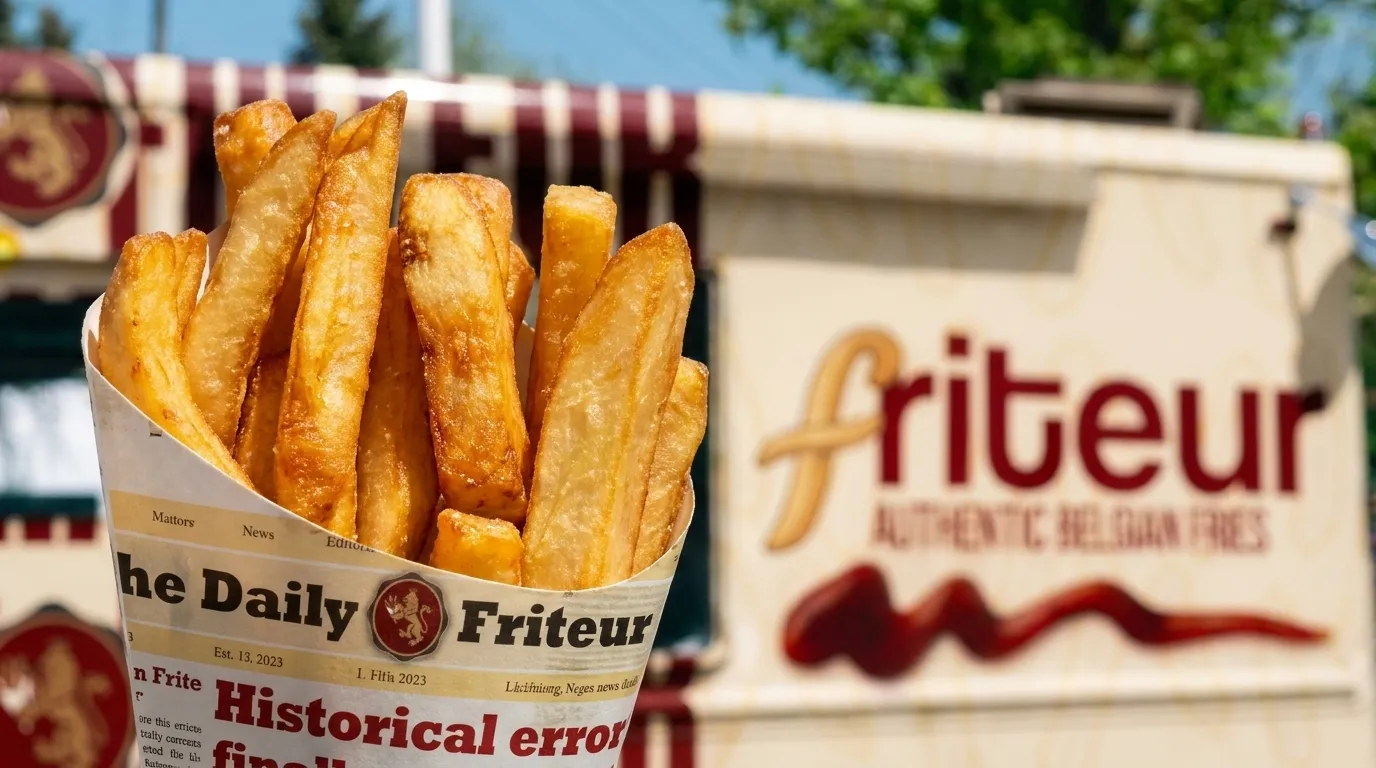 Close-up of thick-cut Belgian fries in a newspaper cone in front of the truck