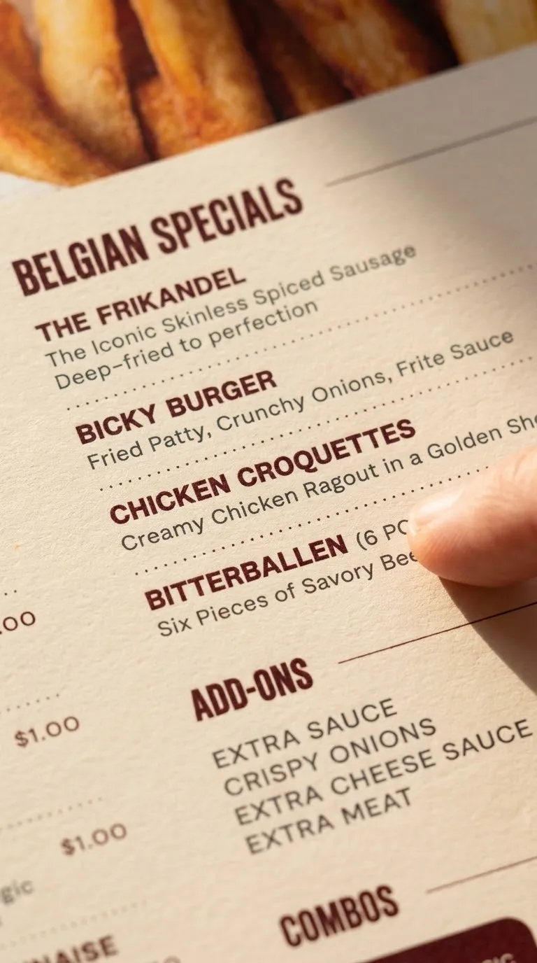 Belgian Specials section of the menu — frikandel, bicky burger, chicken croquettes and bitterballen