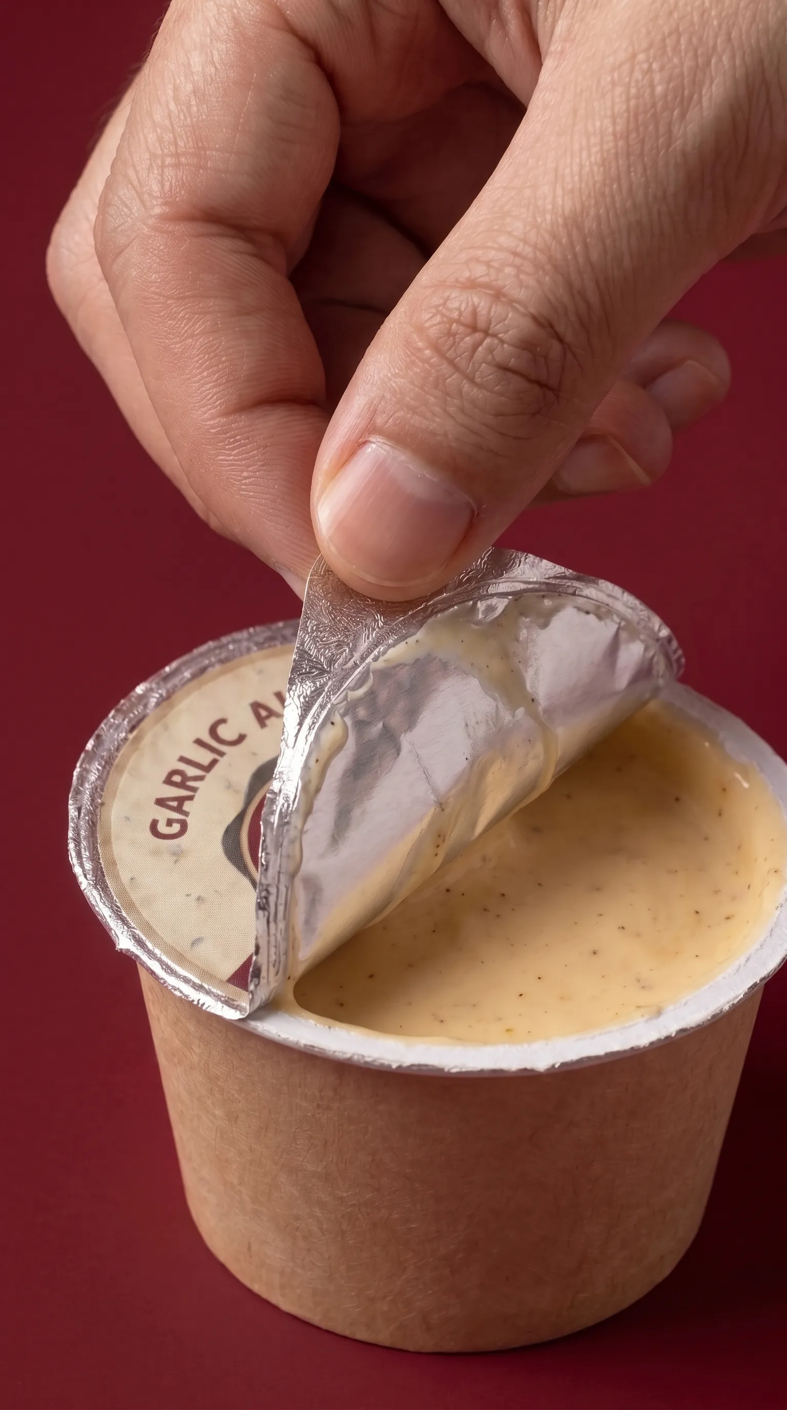 Fingers peeling the foil lid off a Garlic Aioli sauce cup