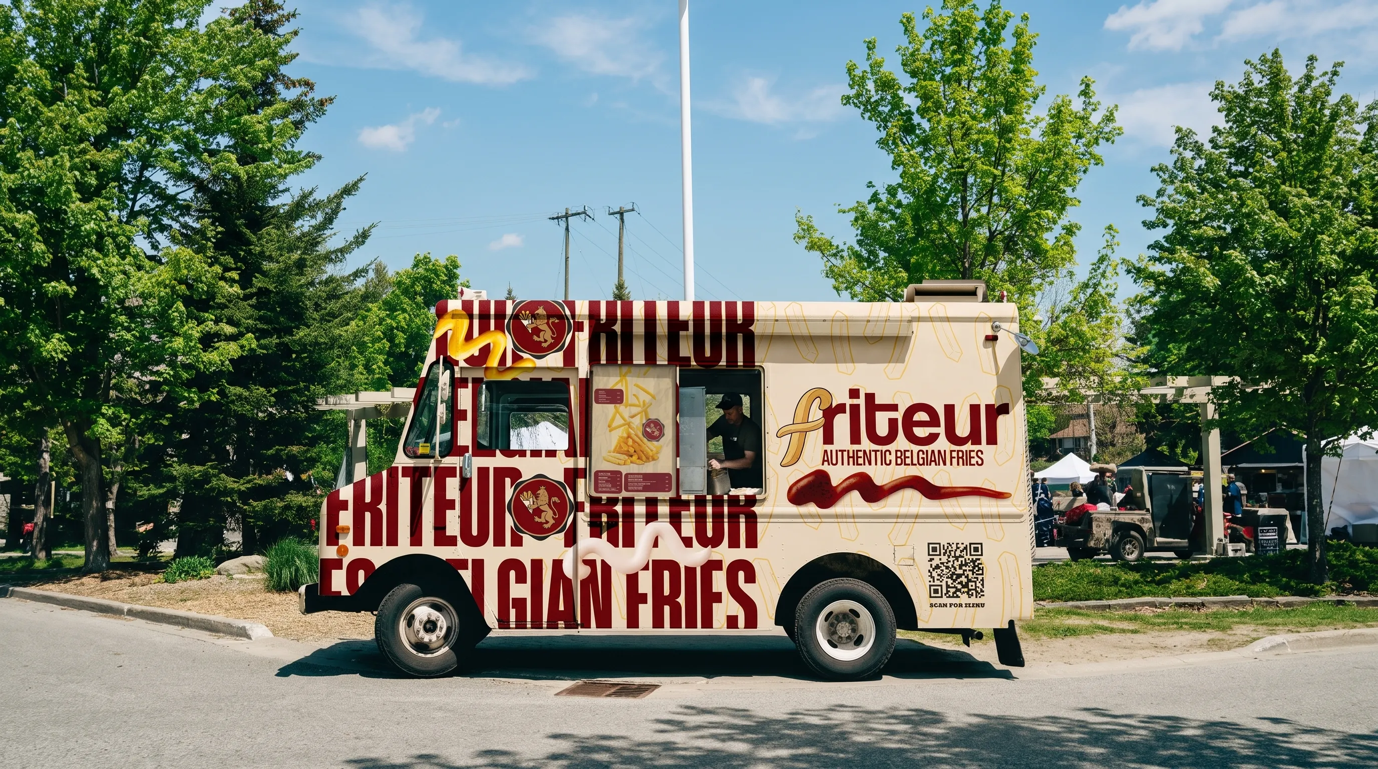 Friteur truck serving at a summer market, the vendor at the hatch window