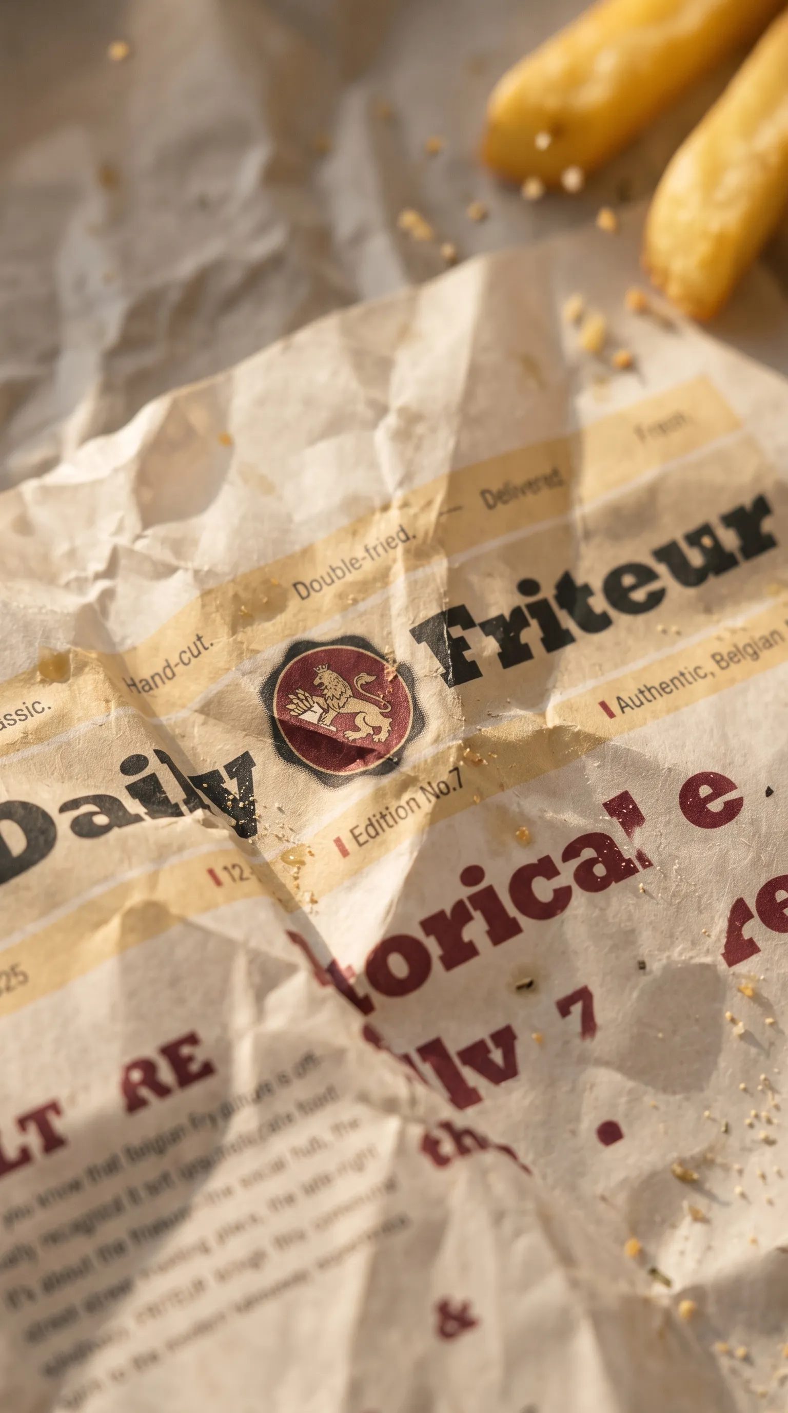 Crumpled Daily Friteur newspaper wrap scattered with salt and fry crumbs