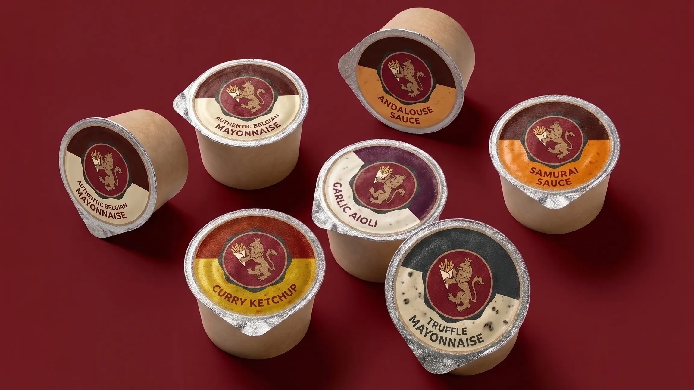 Seven Friteur sauce cups with branded packaging on an oxblood background