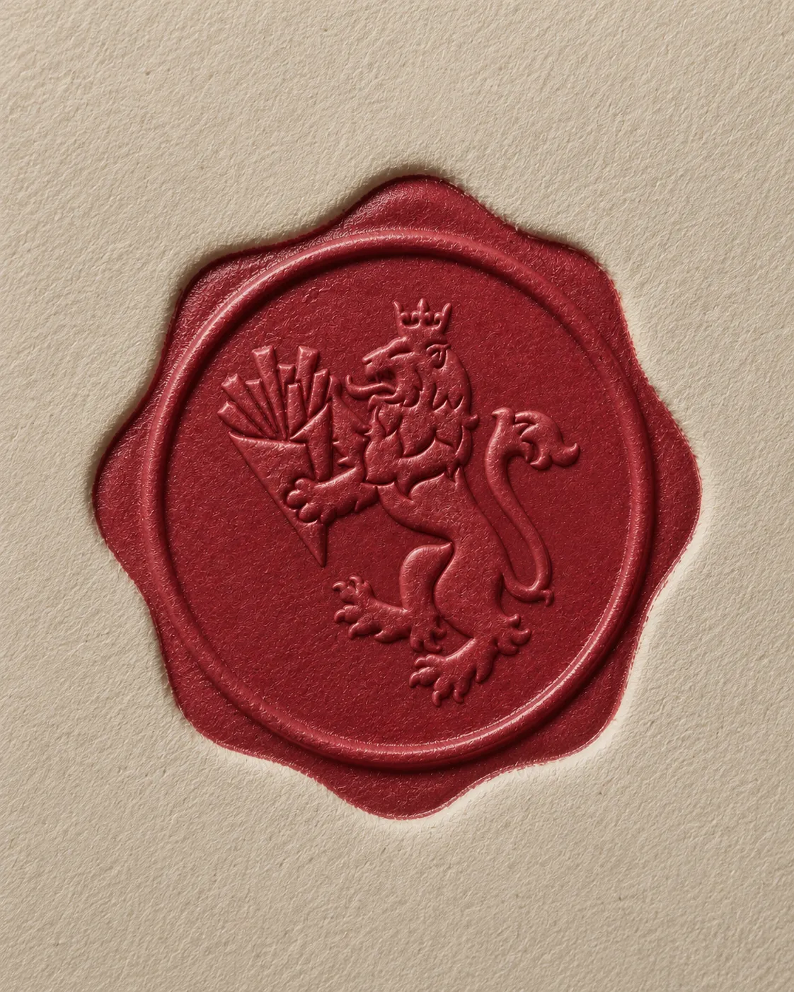 Deep-red Friteur wax seal with a crowned lion and fry-cone crest