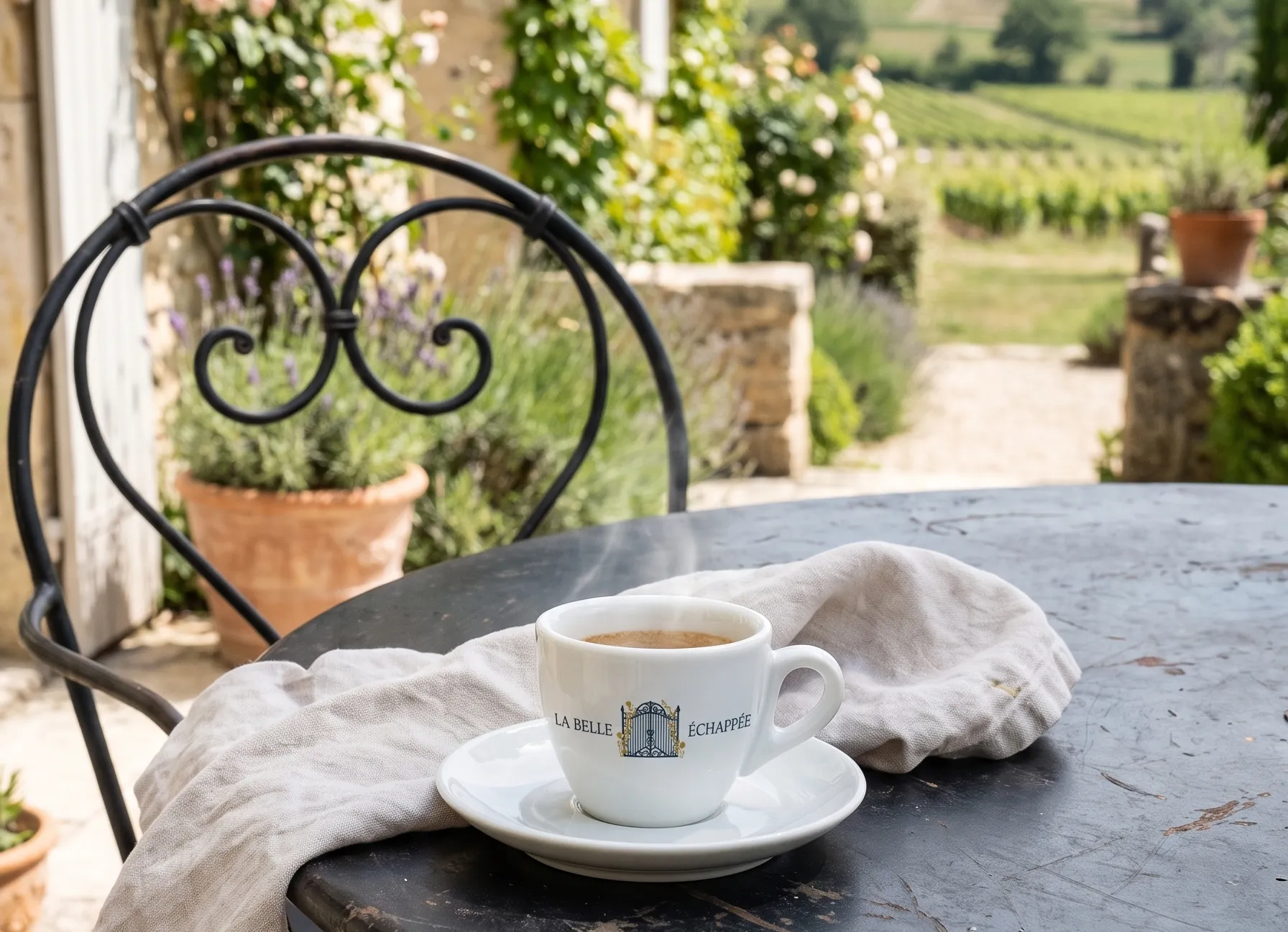 Espresso cup with the La Belle Échappée crest on a weathered bistro table
