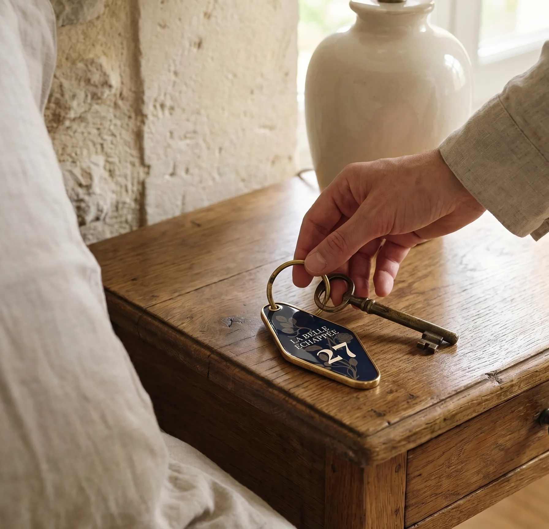 Hand lifting a brass room key with a navy “27” tag from a wooden bedside table