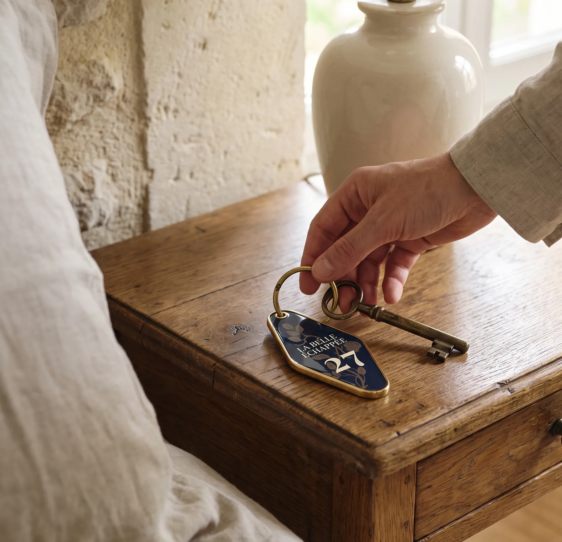 Vintage brass key with a navy room tag resting on a wooden bedside table