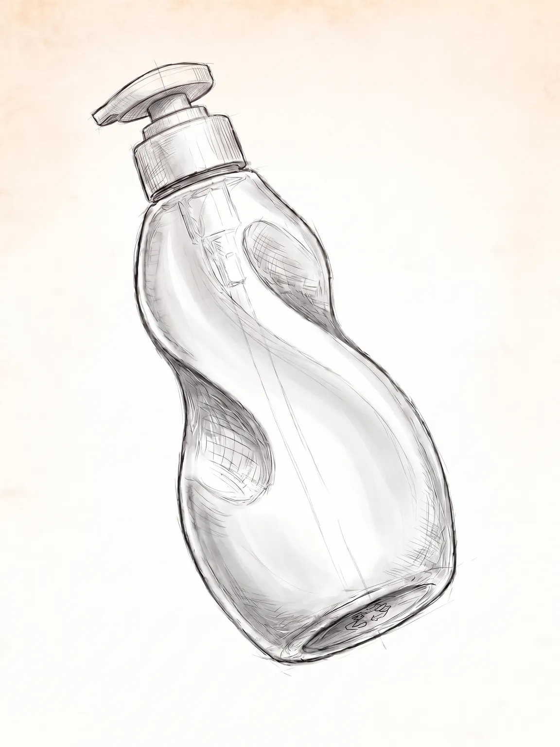 Industrial-design sketch of the curved Spirl pump bottle on cream paper
