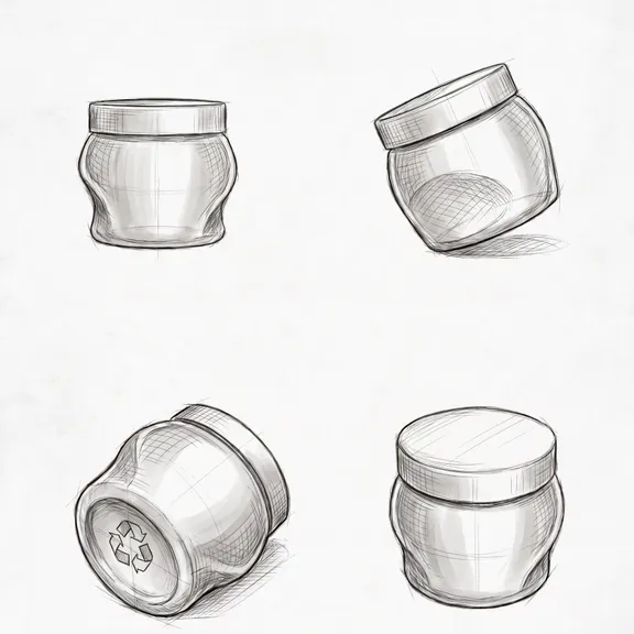 Pencil concept sketches of the recyclable Spirl jar from four angles