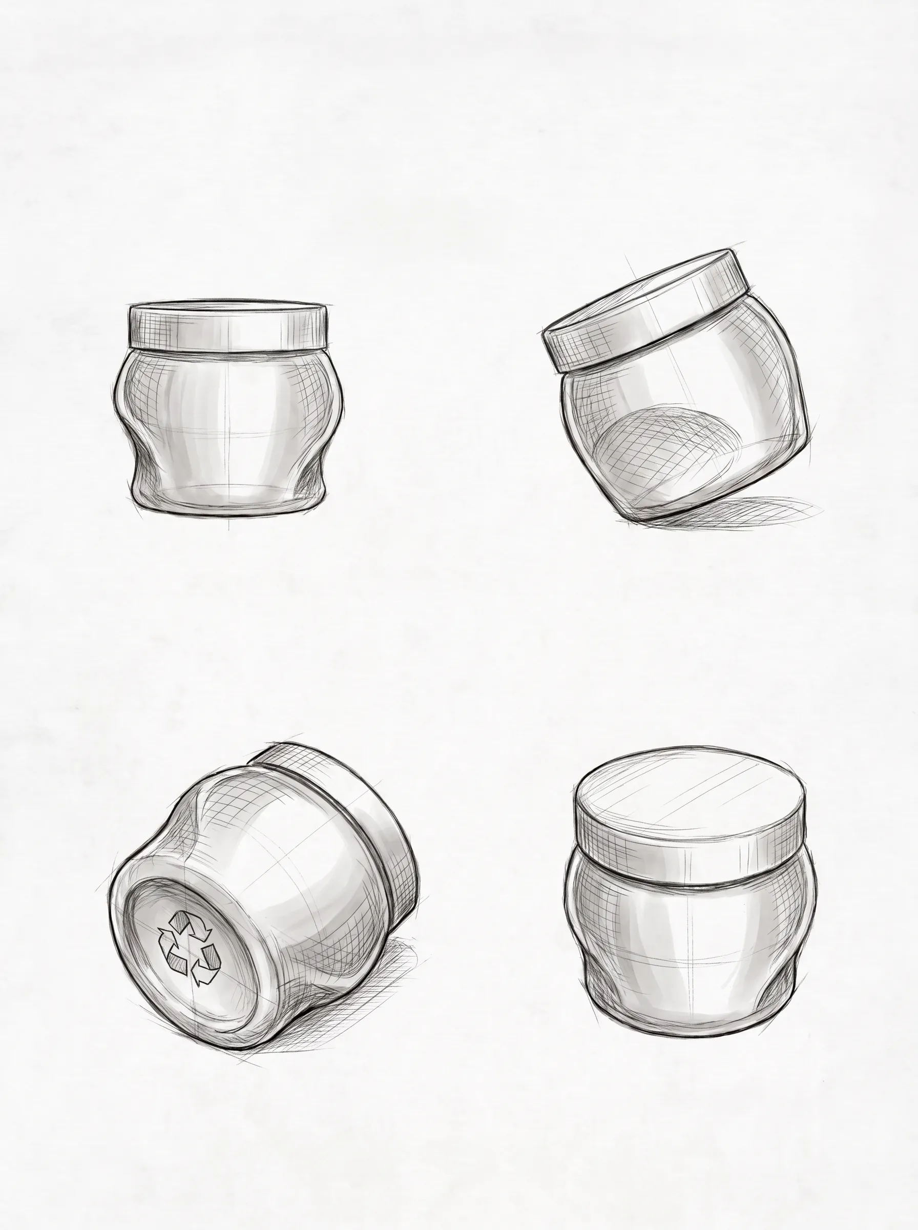 Pencil concept sketches of the recyclable Spirl jar from four angles