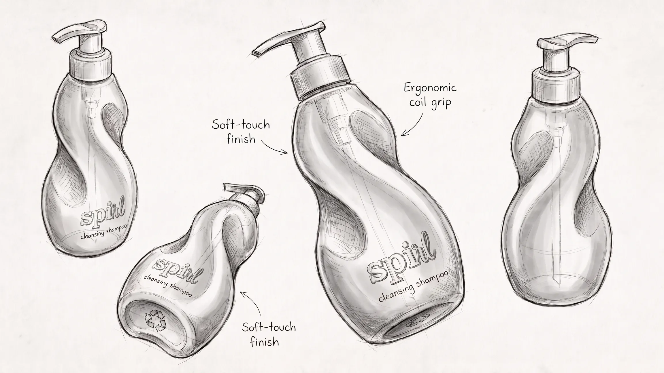 Industrial design sketch sheet for the Spirl bottle with annotated callouts