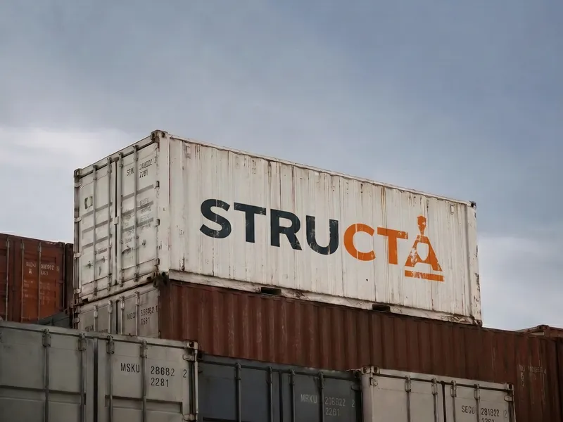 Shipping containers stencilled with the Structa wordmark