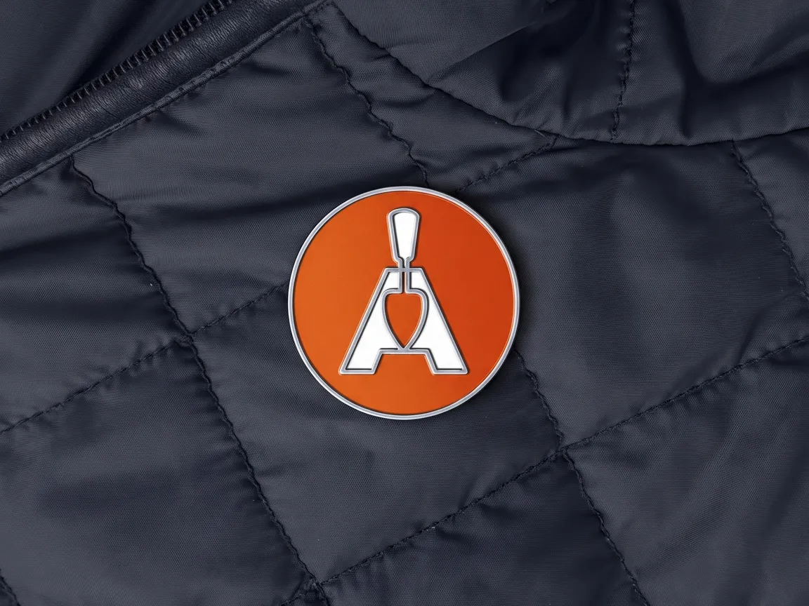 Orange enamel Structa pin badge fastened to a navy quilted work jacket