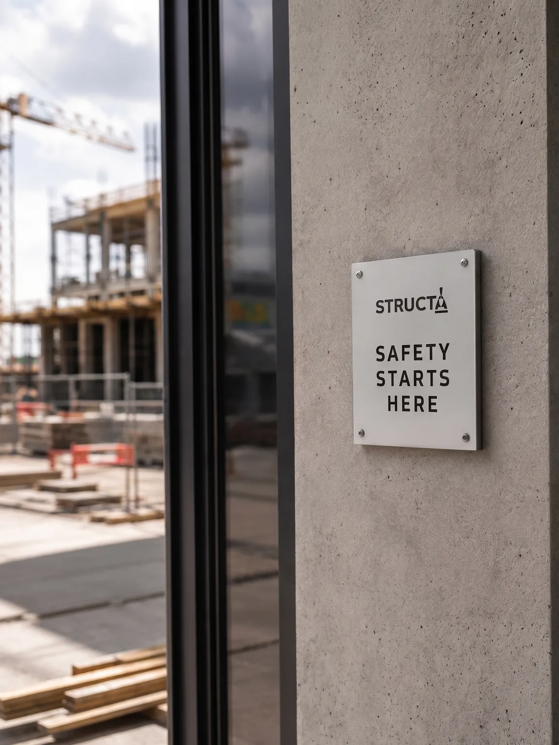 Brushed-steel “Structa — Safety starts here” plaque mounted on a concrete column